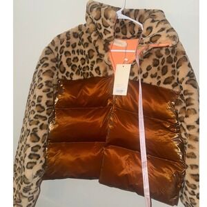 Choosy Leopard Faux Fur Puffer Jacket Orange Shiny Metallic XS NWT